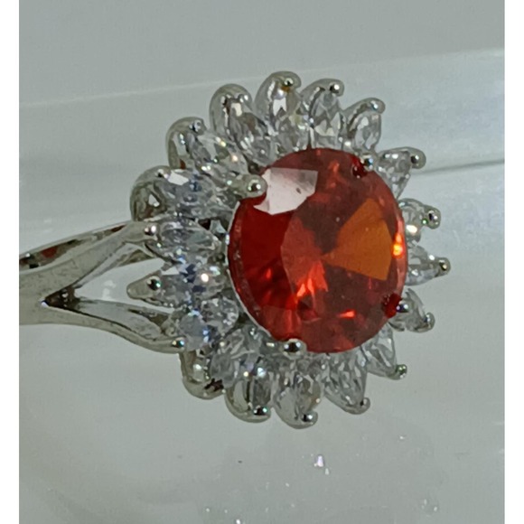 Orange Oval Sunburst Cocktail Ring Silver Tone Split Shank Statement Size 6.5 - Picture 3 of 10